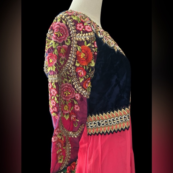 Raspberry Long Anarkali Dress with Floral Aari Embroidery and Velvet Bustier - Picture 2 of 12